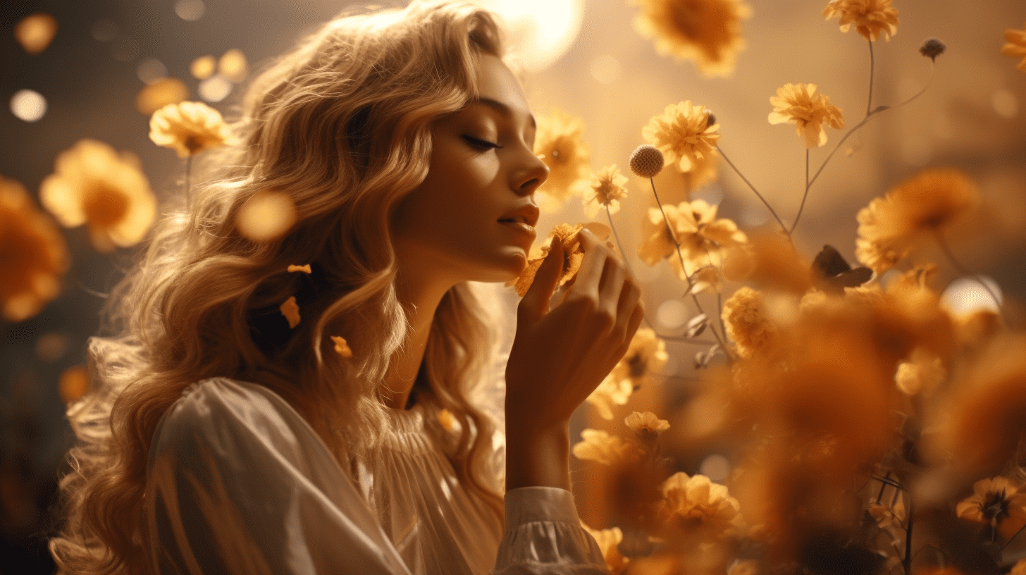Mulher cheirando flores de um perfume